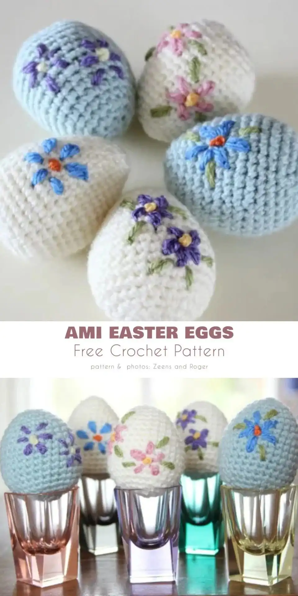 Crocheted Easter eggs adorned with subtle, delicate floral motifs in pastel colors, ideal for elegant table decoration.