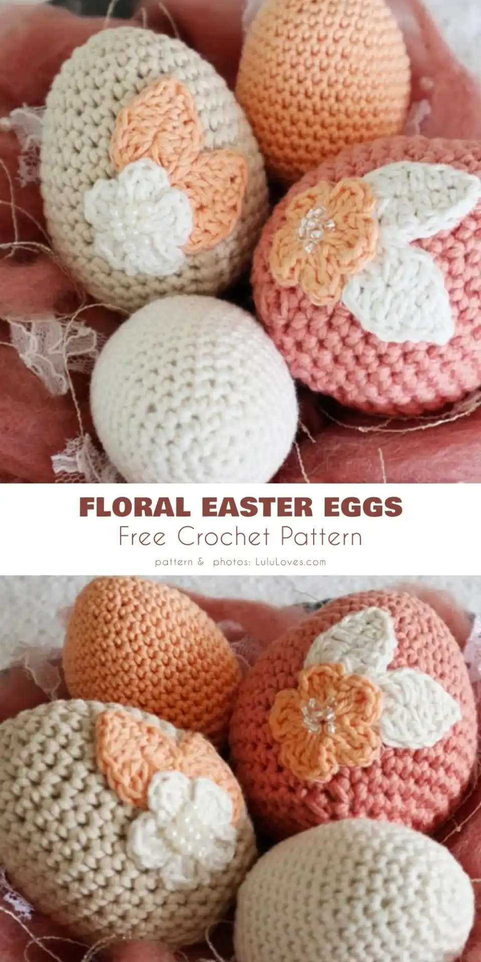 Beautiful crocheted Easter eggs featuring pronounced floral designs and leafy accents, presented as decorative elements.