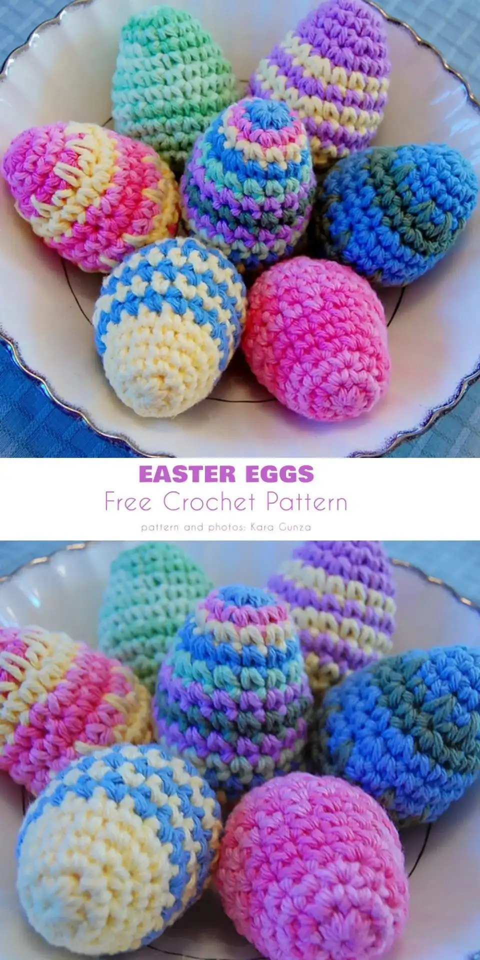 A collection of vividly crocheted Easter eggs in wild, bright spring colors like fuchsia, turquoise, and lime green.