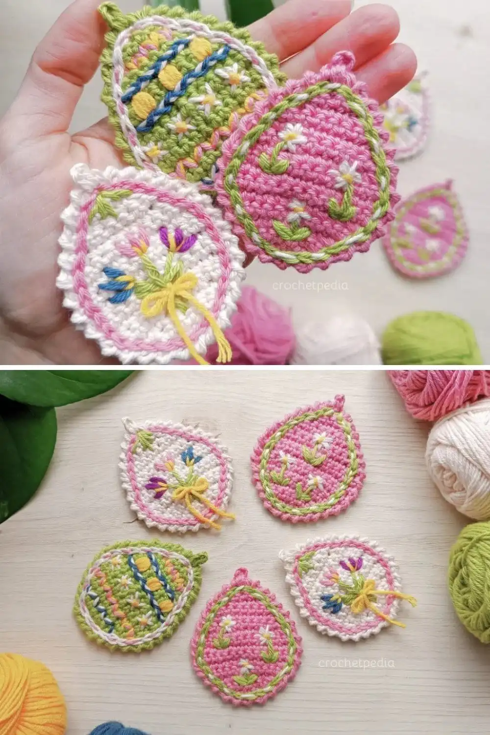 Flat crochet Easter eggs in various colors, some with embroidered flowers, suitable for garlands or appliques.