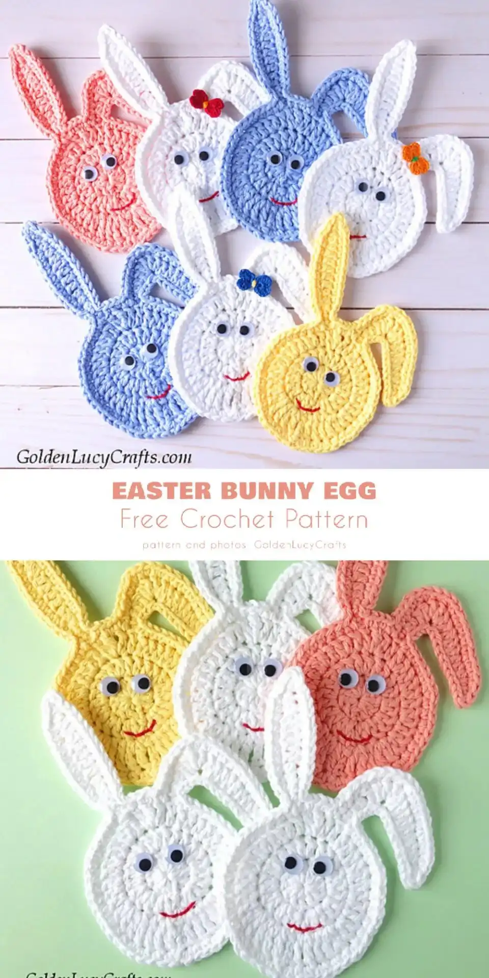 An adorable crocheted Easter bunny egg with long ears, small nose, and eyes, crafted in soft pastel yarn.