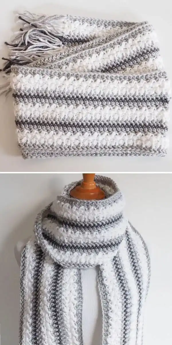 A cozy, striped crochet winter scarf in grey and white chunky yarn, demonstrating the Winter Wonderland Scarf pattern.