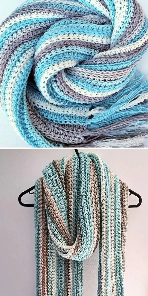 A flowing crochet scarf with excellent drape and fringe, featuring colors inspired by the ocean, for the Ocean Breeze Scarf.
