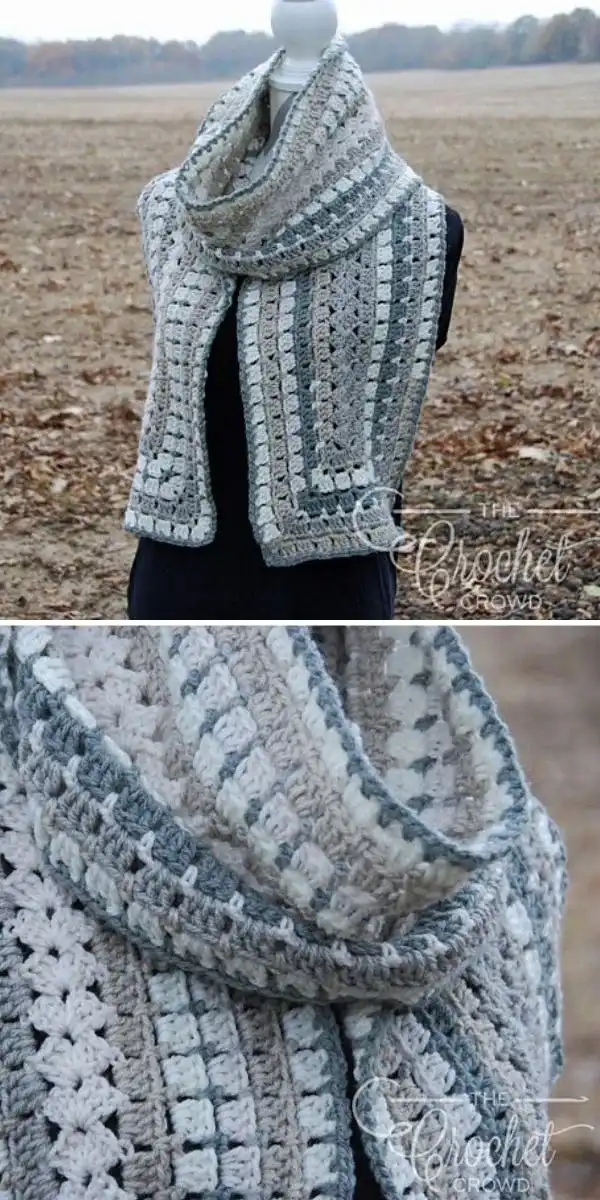 An elongated crochet scarf showcasing a modern take on the granny motif, with block and shell stitches, for the Modern Granny Winter Scarf.