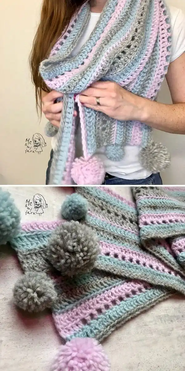 An openwork crochet scarf draped around the neck, demonstrating the airy yet warm effect of the Lava Scarf.