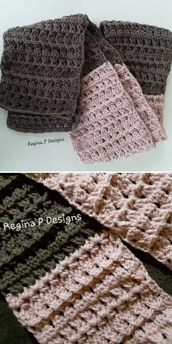 A color-blocked crochet scarf in contrasting shades, draped to show its graphic appeal, representing the Cuddlesome Scarf.
