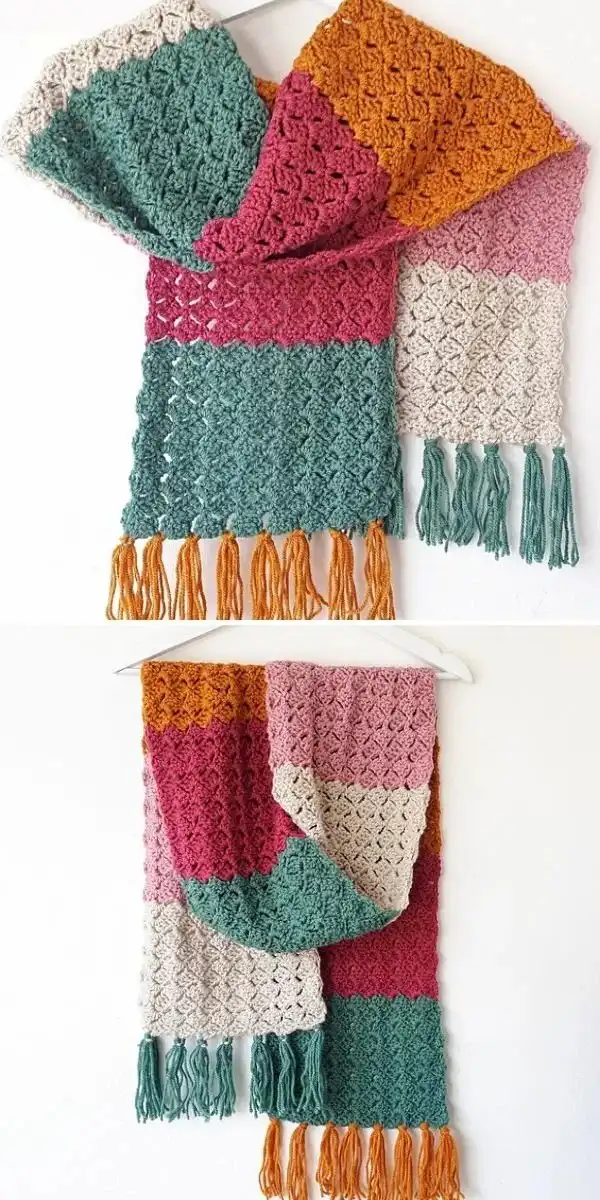 A cozy crochet scarf with reversible mock C2C stitches in autumnal colors, featuring colorful fringe, for the Autumn Fruits Cozy Scarf.