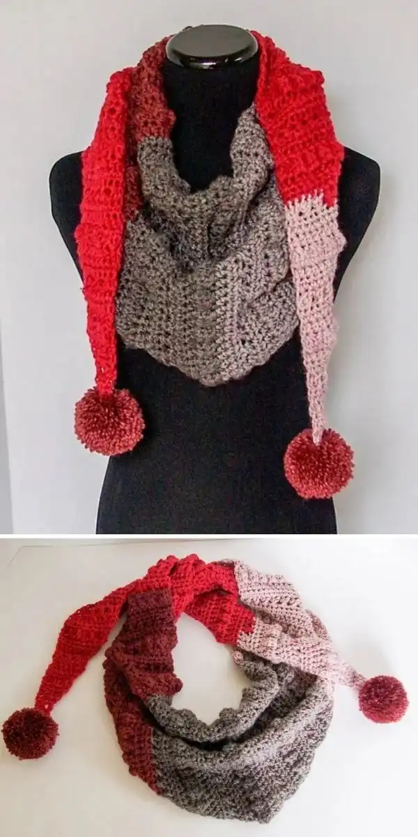 A stylish crochet scarf combining deep reds and dusty greys, adorned with playful maroon pom-poms, for the Autumn Chill Mod Scarf.