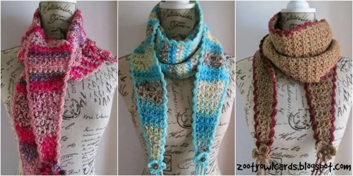 A uniquely shaped crochet scarf that narrows at the ends and widens at the center, displayed in multiple colorways, showcasing the Rally Scarf.