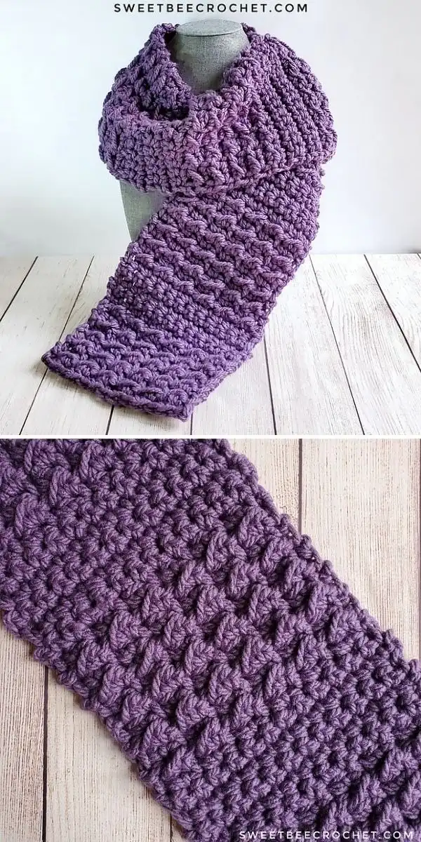 A crochet scarf with rich textured stitches in an ombre yarn, displaying gradual color transitions, for Karen’s Winter Scarf.