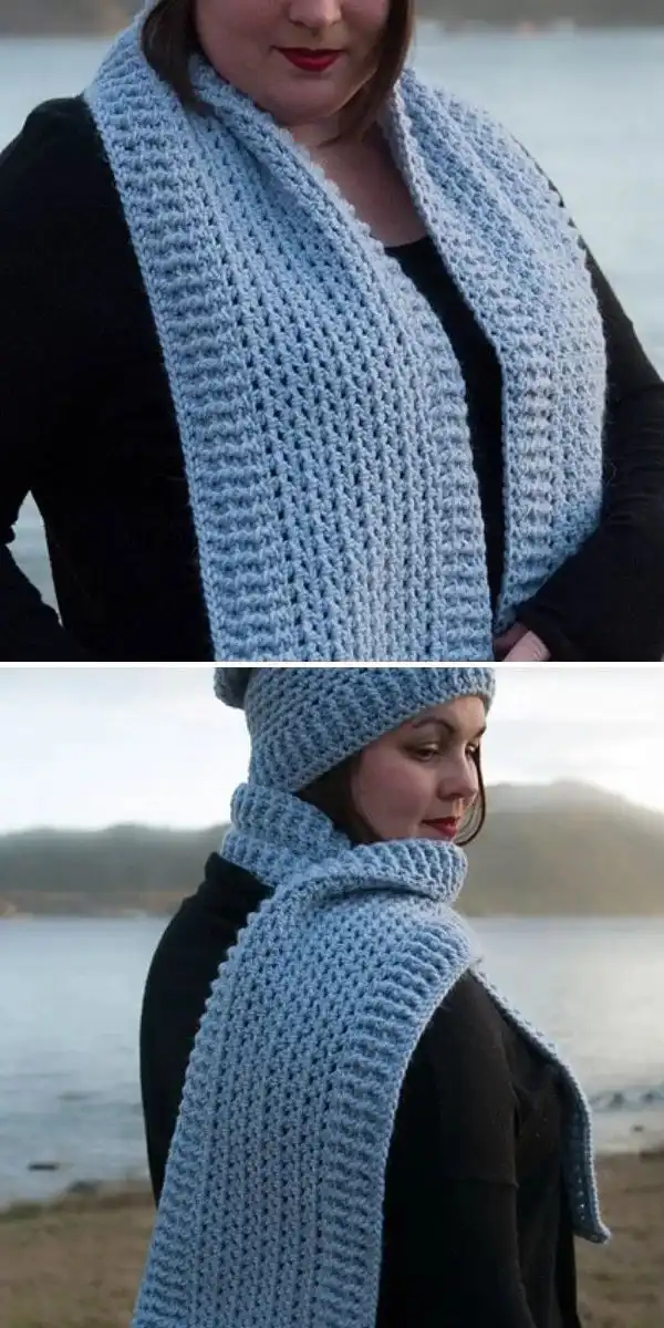 A model wearing a solid light blue crochet winter scarf with textured stitches, showcasing the elegant Winter Seashore Scarf design.