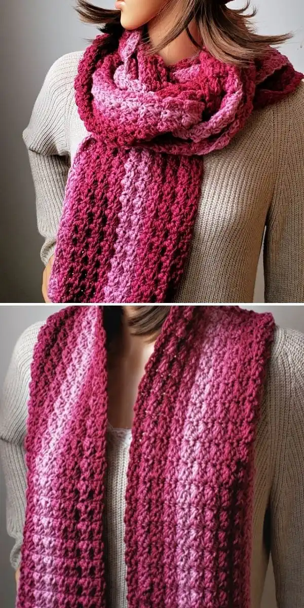 A chunky crochet scarf with distinct textured stripes, suitable for both men and women, for the Fairbrook Scarf pattern.