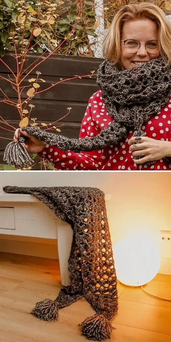A lacy crochet winter scarf made with bulky yarn in a light color, adorned with tassels, representing the Winter of Eden Scarf.