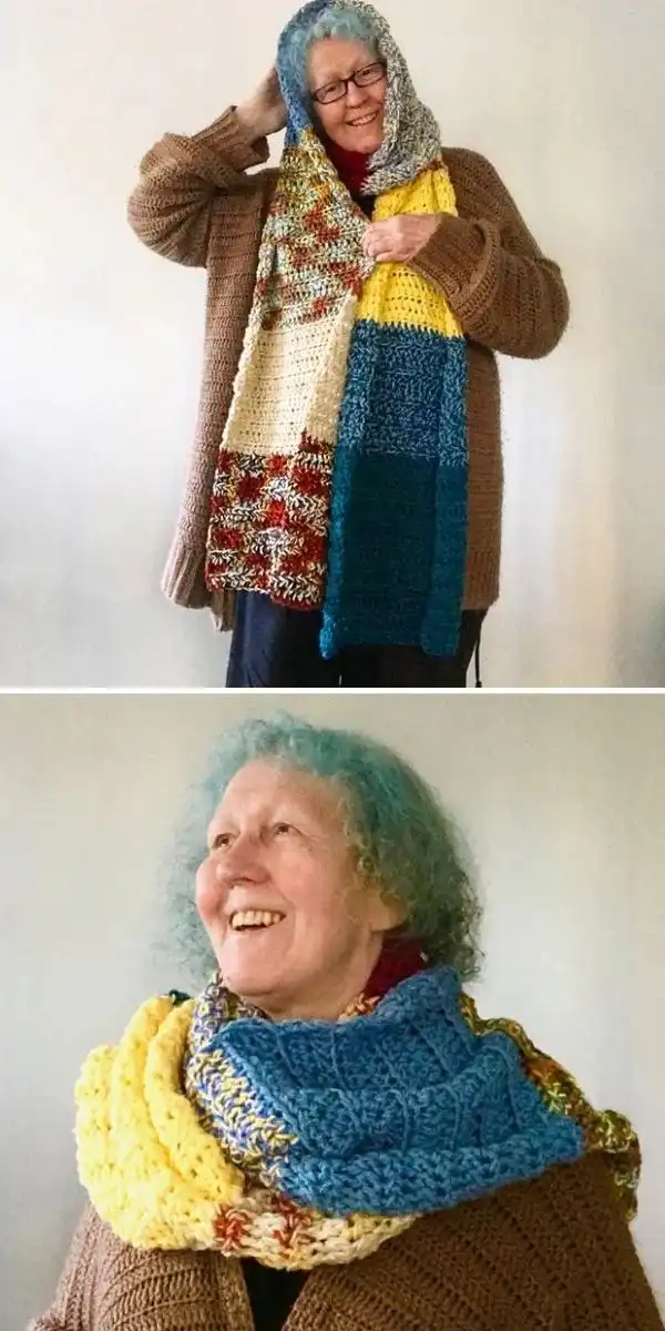 A vibrant, multi-colored crochet scarf made from various yarn scraps, showcasing the fun and eco-friendly Super Scrappy Scarf.
