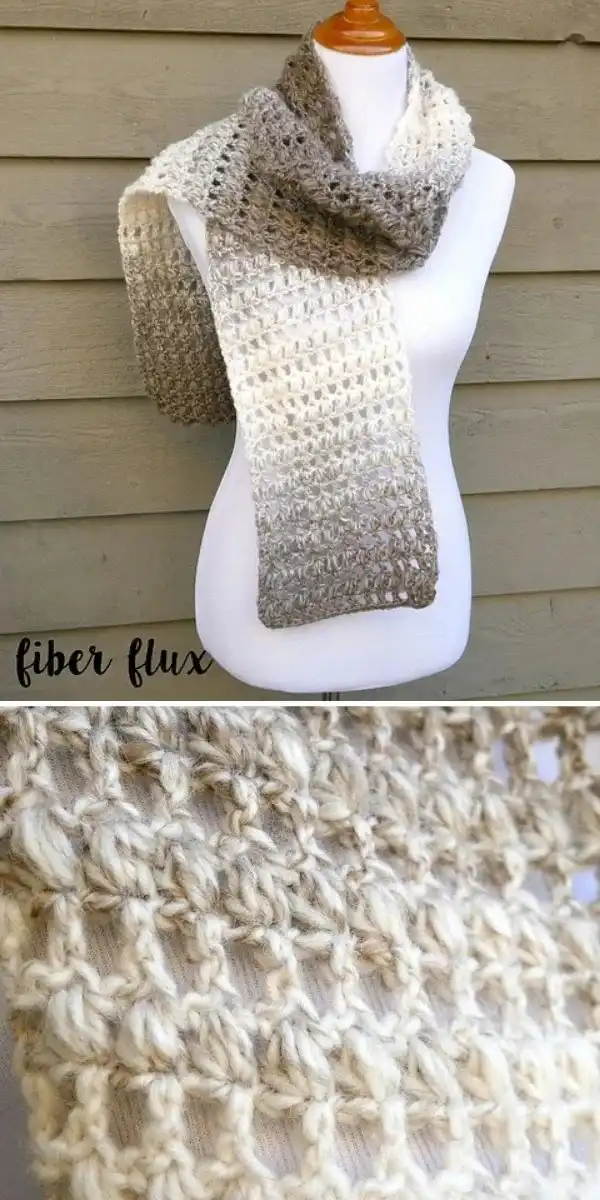 A simple crochet scarf in a beautiful variegated yarn, featuring subtle texture and puff stitches, for the Tea Leaves Scarf pattern.