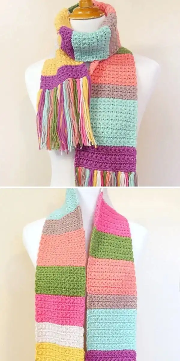 A colorful crochet scarf with irregular stripes in various bright hues, depicting the Sweet Shop Scarf design.