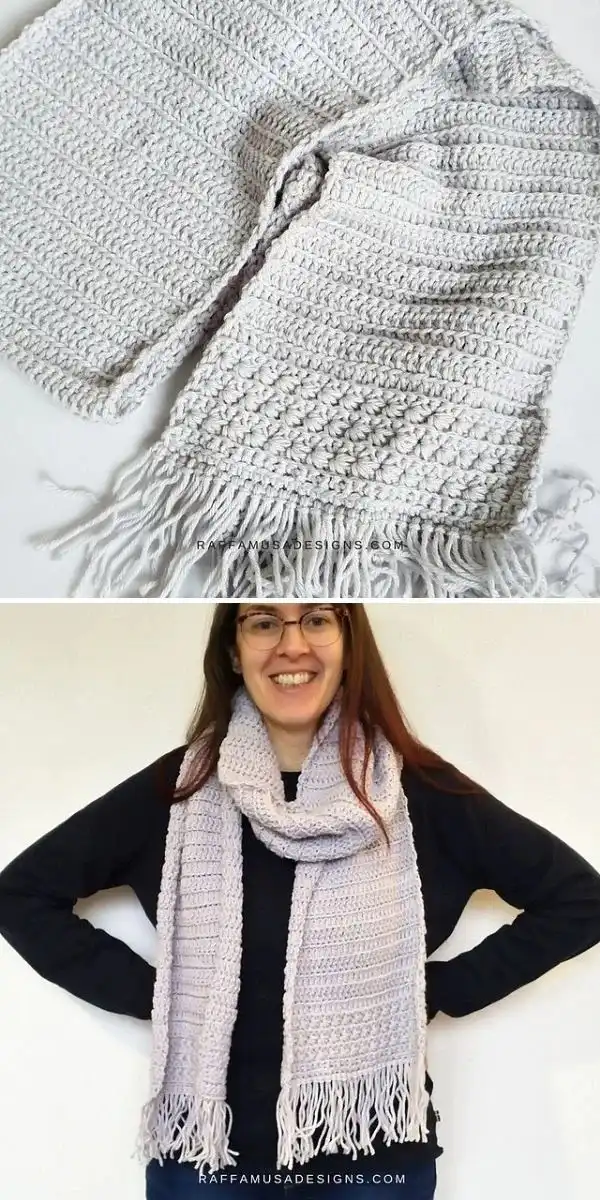 A sophisticated crochet scarf featuring the intricate star stitch, finished with elegant fringe, for the Star Stitch Scarf pattern.