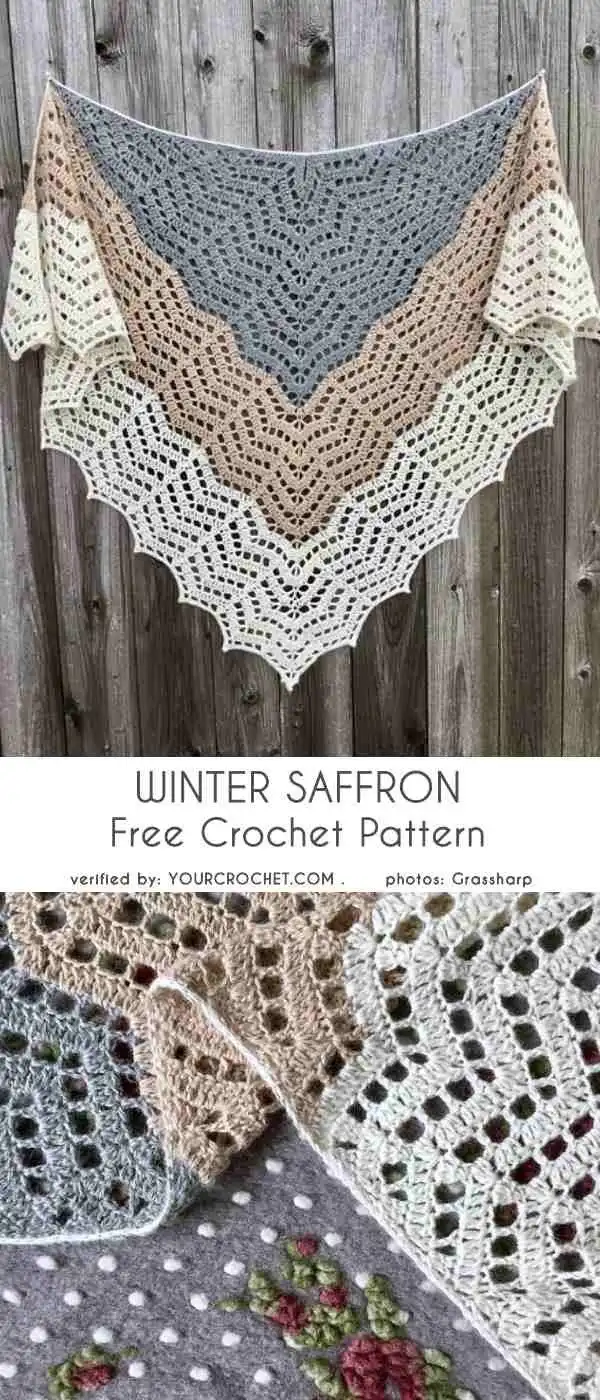 A large, triangular crochet shawl in cool blues and whites, draped elegantly, inspired by the Winter Saffron Shawl Wrap.