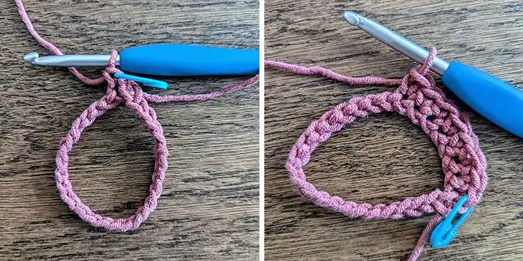 A close-up view of the initial rounds of the 20-Minute Crochet Cup Cozy pattern being worked, focusing on the single crochet stitches of Round 1.