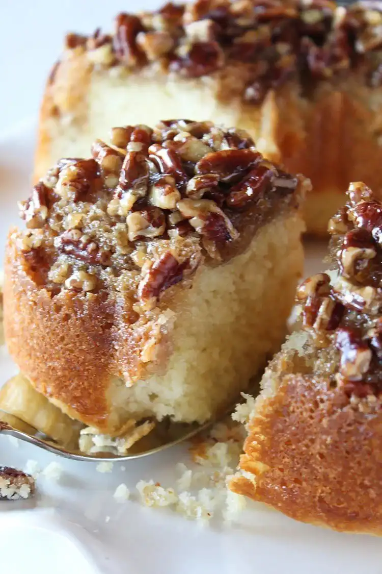 A pecan upside down Bundt cake, showcasing the caramelized pecan topping.