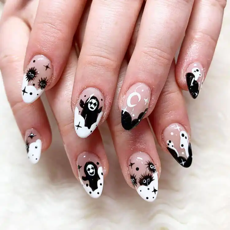 A compilation of vibrant and intricate anime nail designs featuring characters and symbols from Jujutsu Kaisen, Naruto, and Demon Slayer, showcasing various styles and colors.