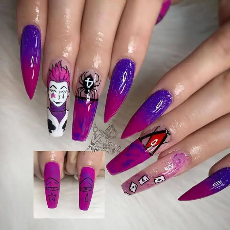 23 Anime Nail Designs to Show Your Love for Anime and Manga - Jujutsu Kaisen Sukuna 13 Akatsuki Naruto nails with iconic red clouds on a stark black background, a powerful anime statement.