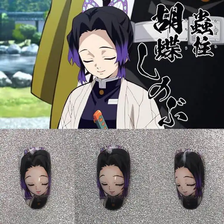 23 Anime Nail Designs to Show Your Love for Anime and Manga - Jujutsu Kaisen Sukuna 19 Obanai Iguro Serpent Hashira nails with snake patterns and striped haori design in muted tones.