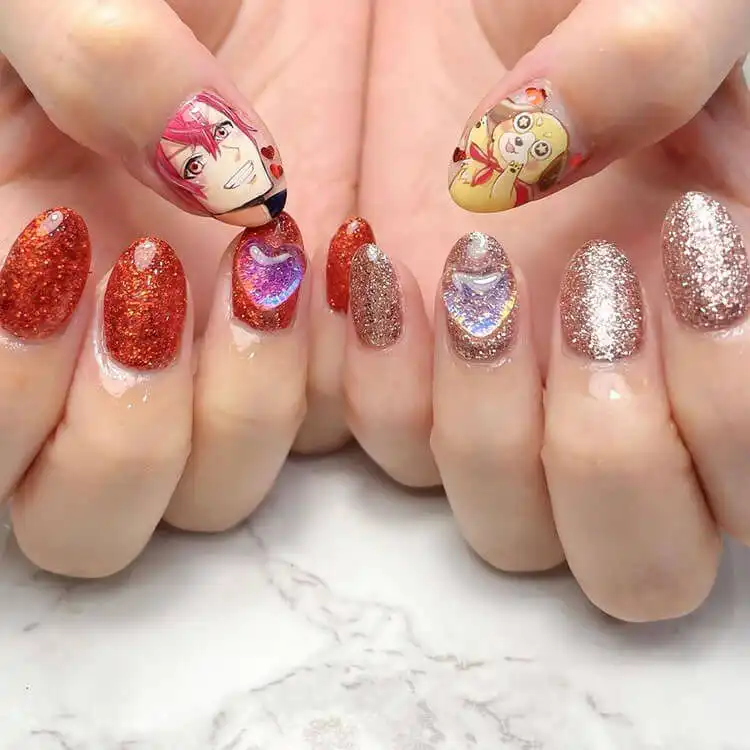 23 Anime Nail Designs to Show Your Love for Anime and Manga - Jujutsu Kaisen Sukuna 9 Vibrant Urashimasakatasen nails inspired by the Japanese music group and their anime series.
