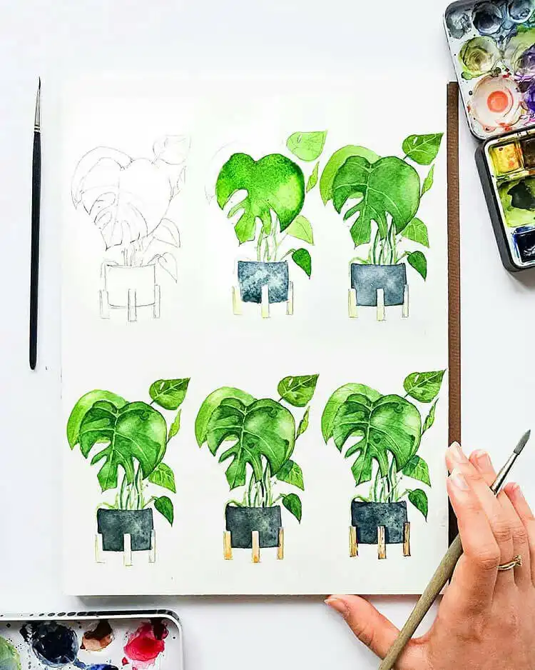 Watercolor painting tutorial step-by-step for a green plant with detailed leaves and soft washes, demonstrating botanical art techniques.