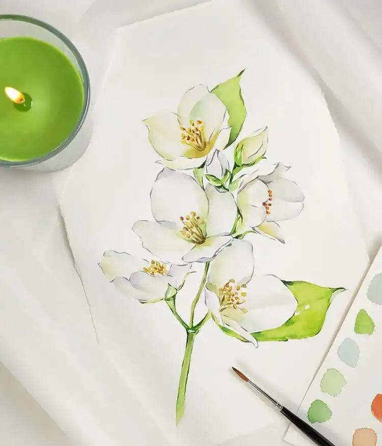 Simple yet elegant watercolor painting of white flowers with subtle shading, highlighting minimalist floral beauty and gentle tones.