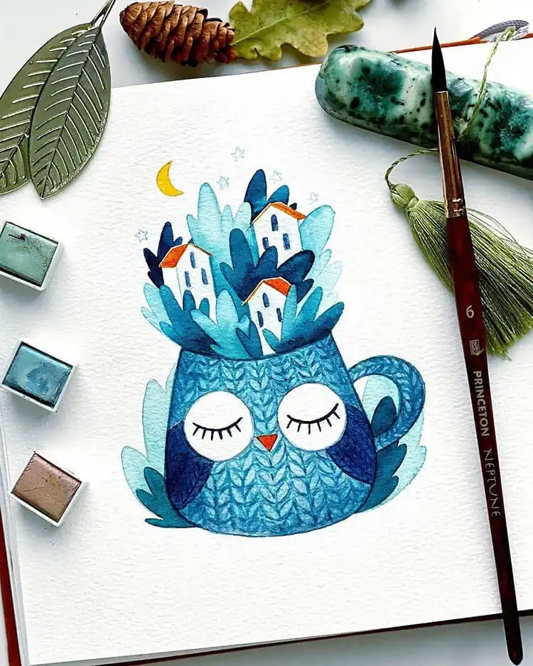 Charming watercolor illustration of an owl peeking out from a patterned teacup, combining animal and still-life elements.