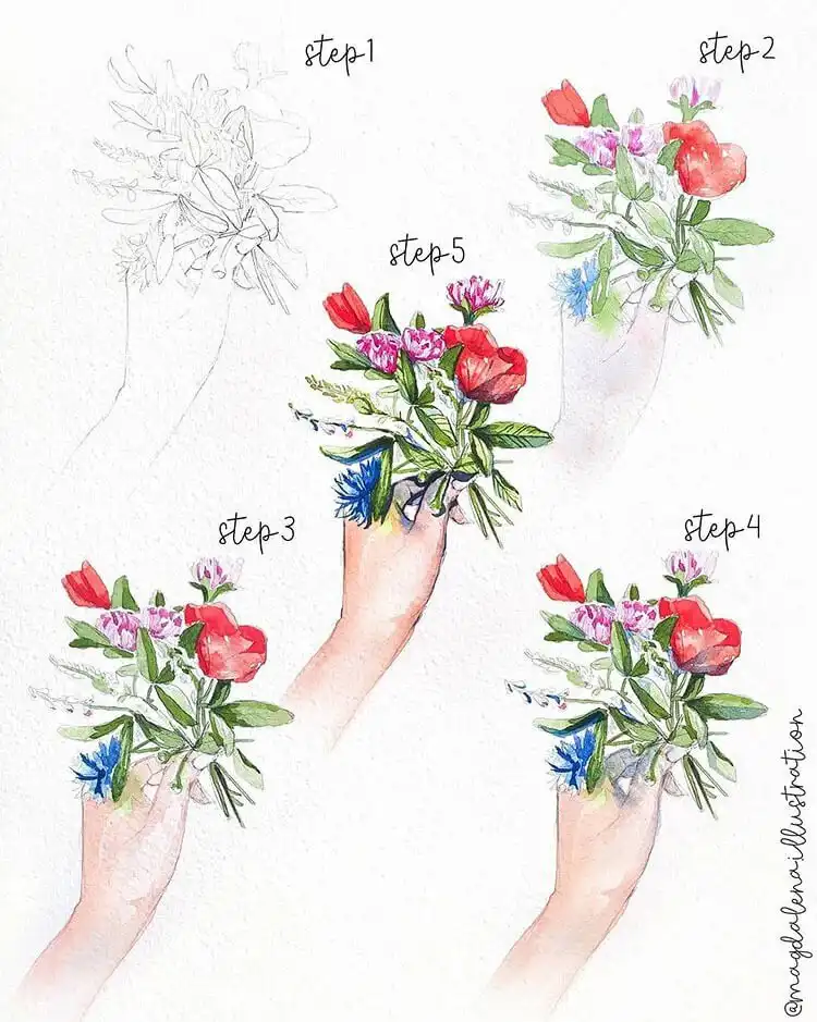 Step-by-step watercolor tutorial showing how to paint a beautiful floral bouquet, demonstrating composition and layering techniques.
