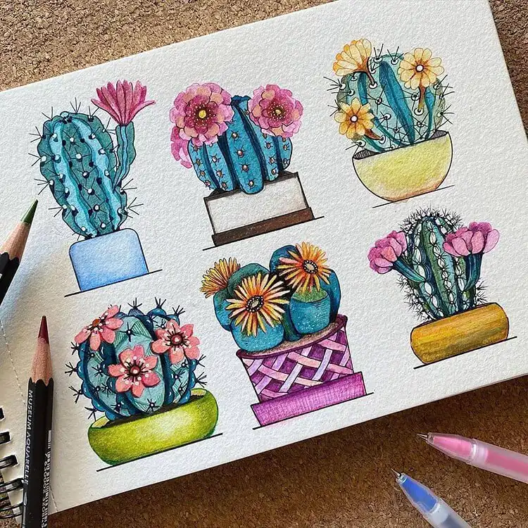 Watercolor painting showcasing a collection of six diverse cacti and succulents in various pots, with colorful flower accents.