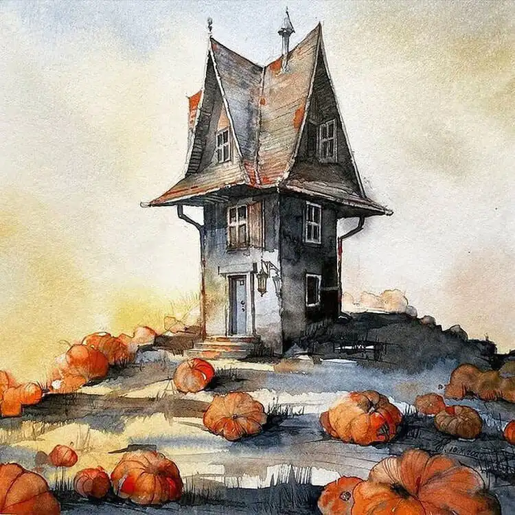 Atmospheric watercolor painting of an old, spooky house surrounded by pumpkins, creating a mysterious and festive autumn scene.