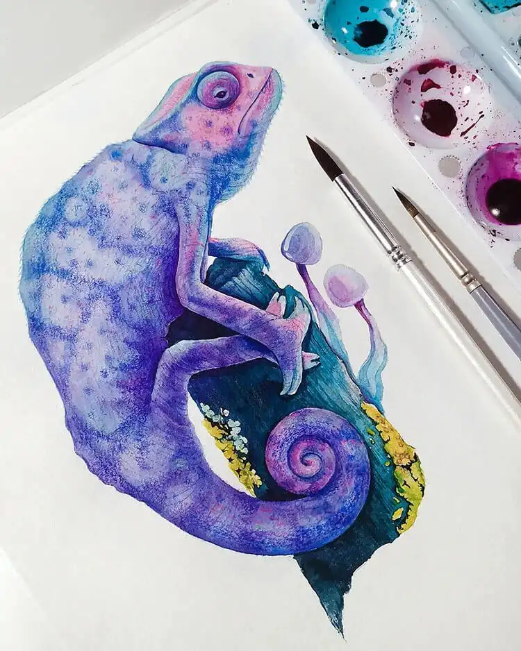 Vibrant and artistic watercolor painting of a chameleon with a unique, colorful palette, focusing on its distinctive eye and skin texture.