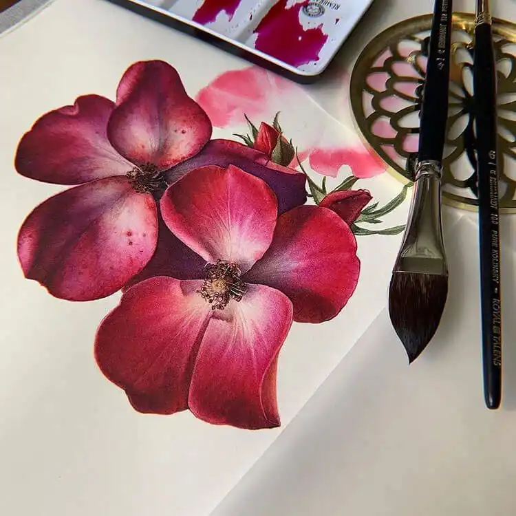 Exquisite watercolor painting of a single red flower, showcasing masterful shading, blending, and vibrant color depth.