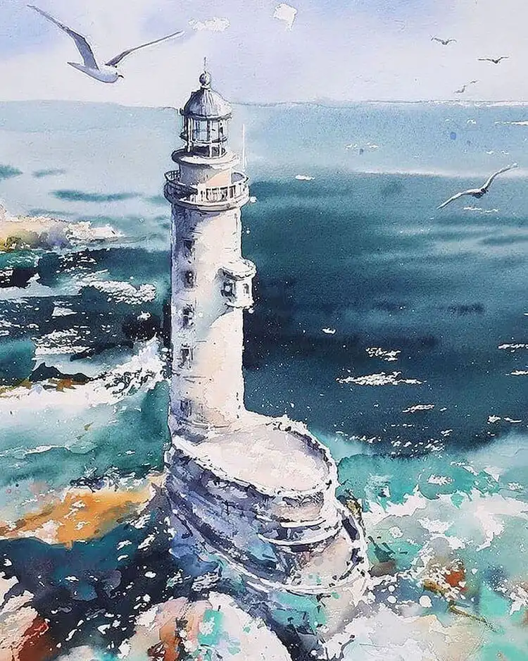Clean and serene watercolor painting of a white lighthouse against a blue sky, with a single gull flying overhead, emphasizing coastal tranquility.
