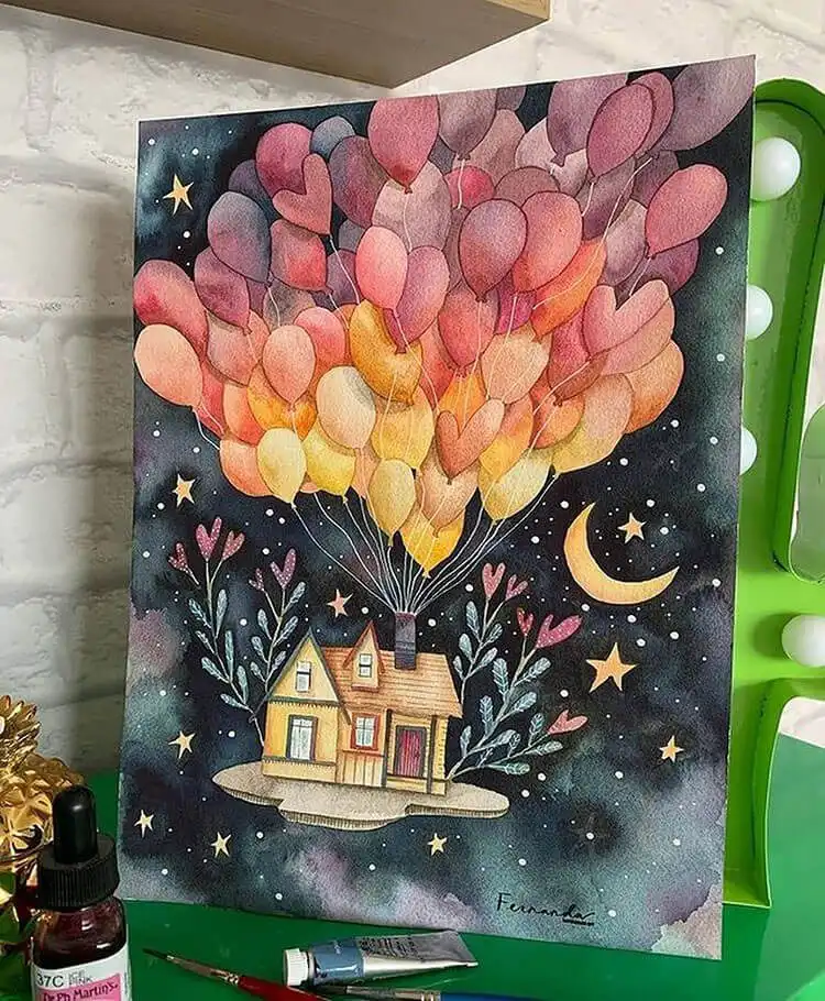 Whimsical watercolor painting of a charming house with numerous colorful balloons emerging from its chimney, set against a light sky.