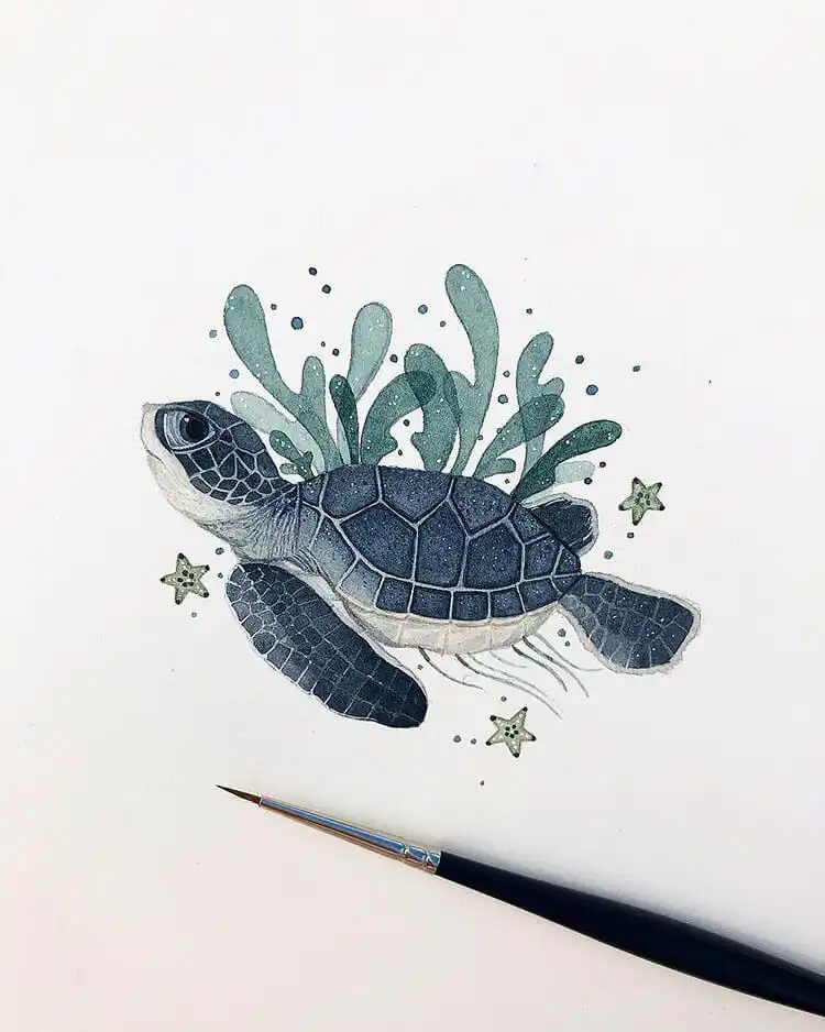 Adorable watercolor painting of a sea turtle gracefully swimming, depicted with soft blues and greens for an underwater effect.