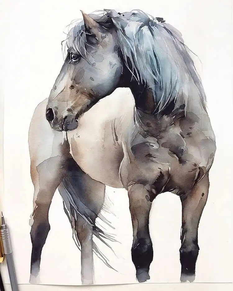 Majestic watercolor painting of a horse, showcasing its noble form, musculature, and flowing mane with elegant brushstrokes.
