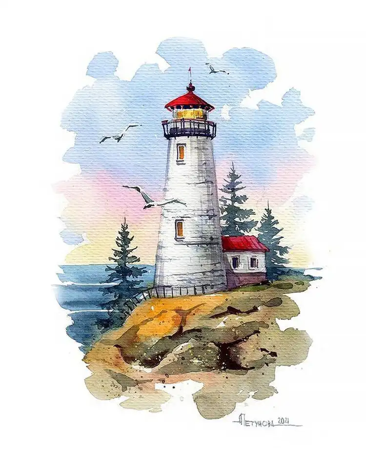 Dramatic watercolor painting of a lighthouse standing tall against a stormy or serene sea, with seagulls in flight, featuring blues and grays.