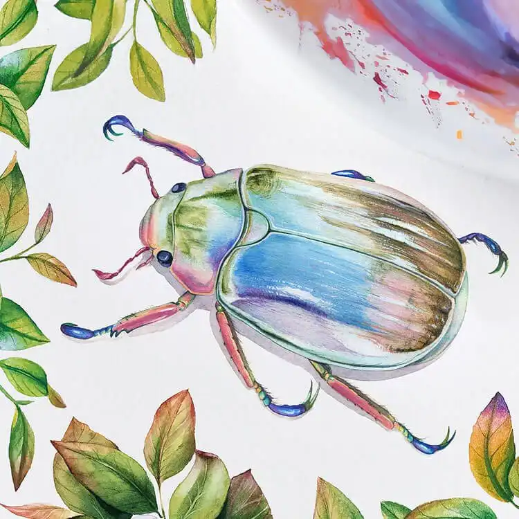 Vibrant and colorful watercolor painting of an intricate beetle with iridescent shell gradients, framed by green leaves.