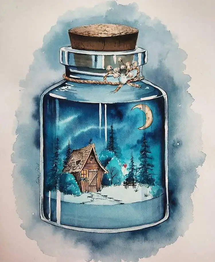 Fantasy watercolor painting featuring a tiny wooden house nestled inside a glass bottle, with a red balloon floating outside, evoking a whimsical miniature world.