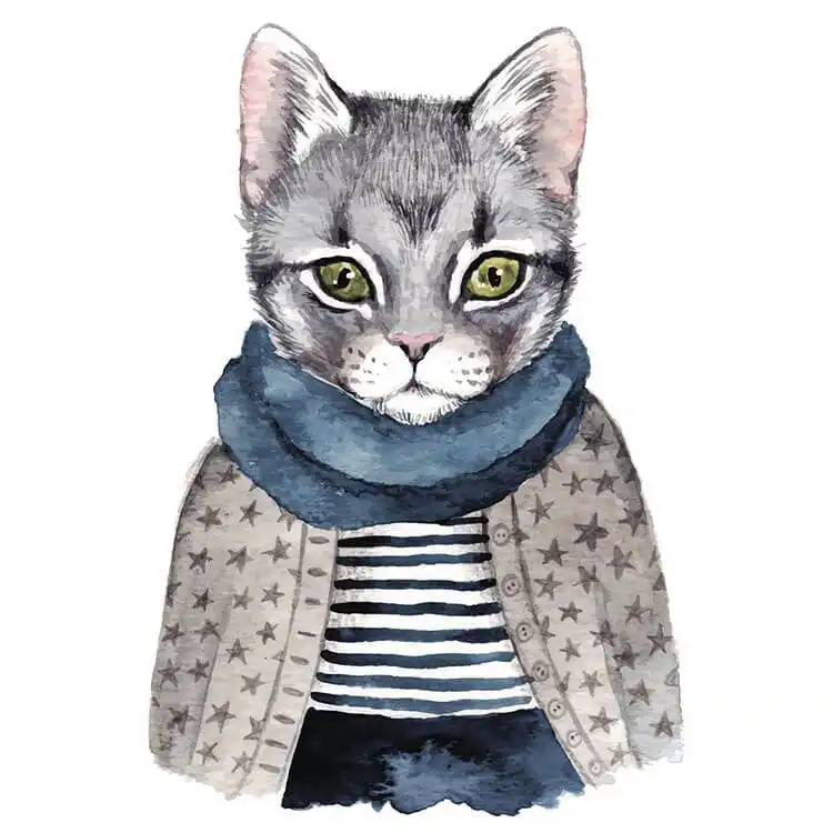Watercolor painting of a whimsical cat wearing a striped shirt, cardigan, and scarf, demonstrating detailed fabric textures.