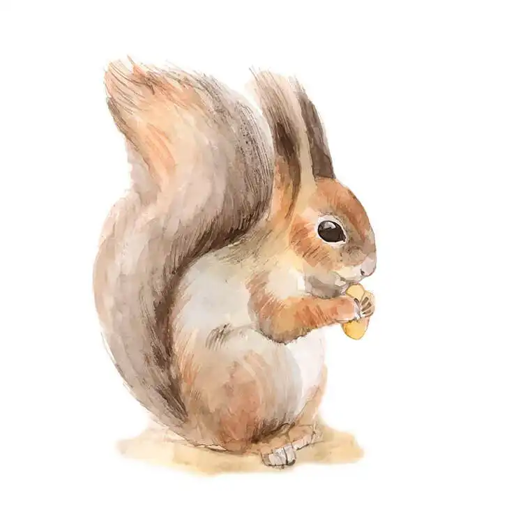 Adorable watercolor painting of a squirrel holding a nut, showcasing intricate details and charming realism.