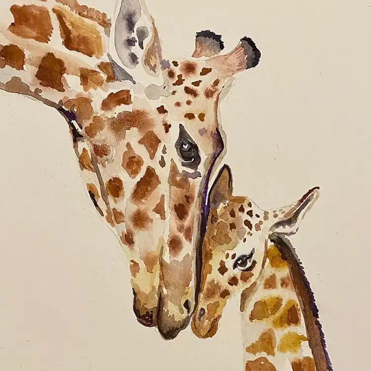 Touching watercolor painting of a mother giraffe and her baby, ideal as a Mother's Day gift on canvas.