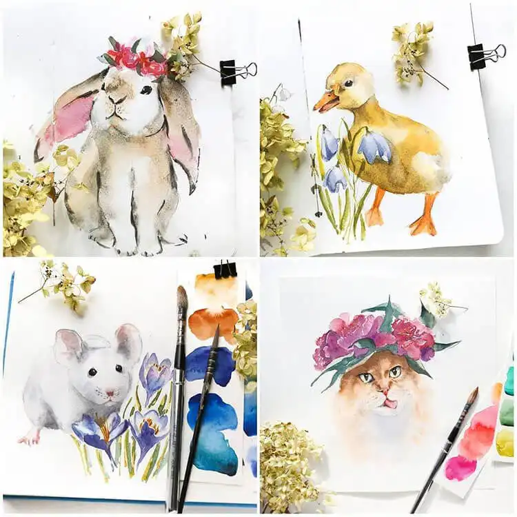 Four watercolor animal paintings—bunny, duck, mouse, and cat—each adorned with a floral crown.