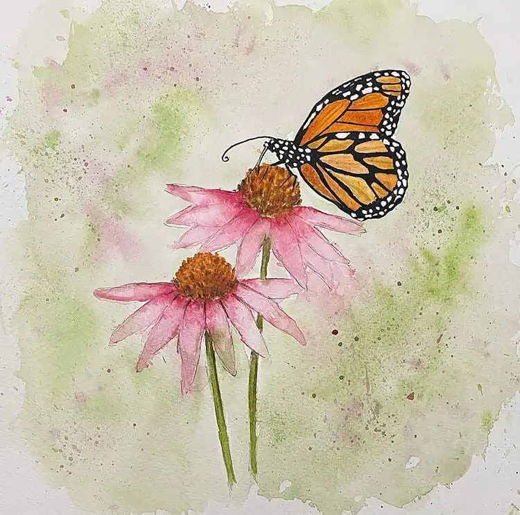 Elegant watercolor painting of a monarch butterfly perched on a flower, highlighting intricate patterns.