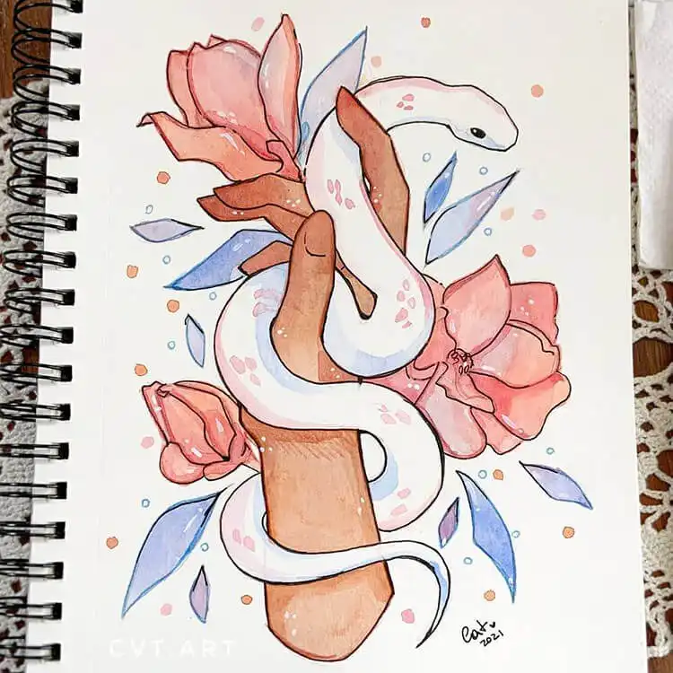 Creative watercolor art depicting a snake wrapped around a hand, adorned with delicate flowers, featuring a rich color palette.