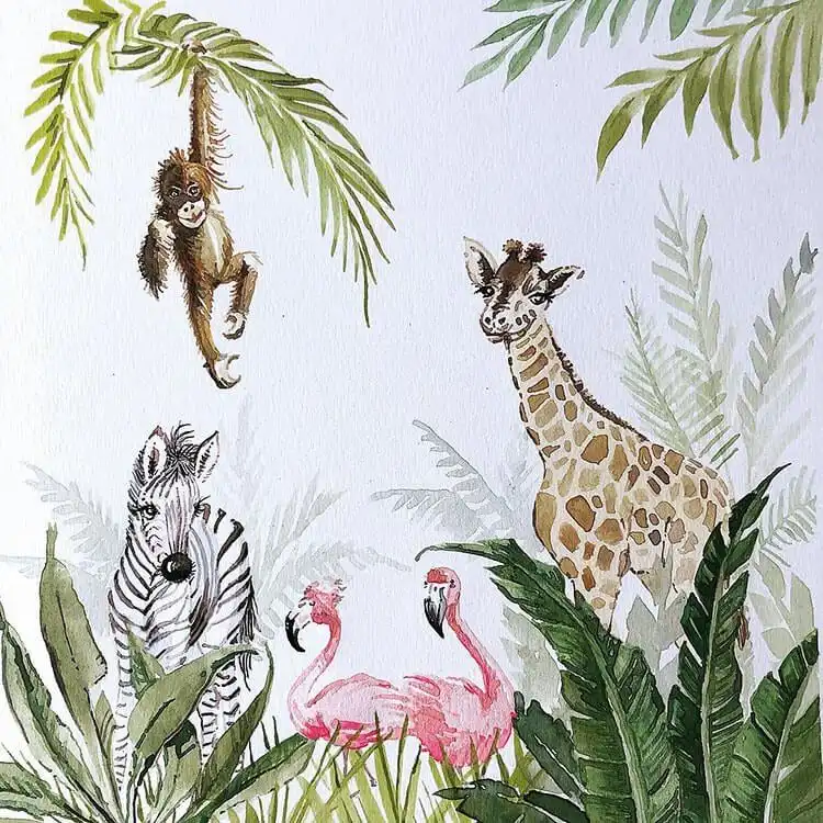 Vibrant watercolor painting of rainforest animals, featuring harmonious colors and excellent composition.